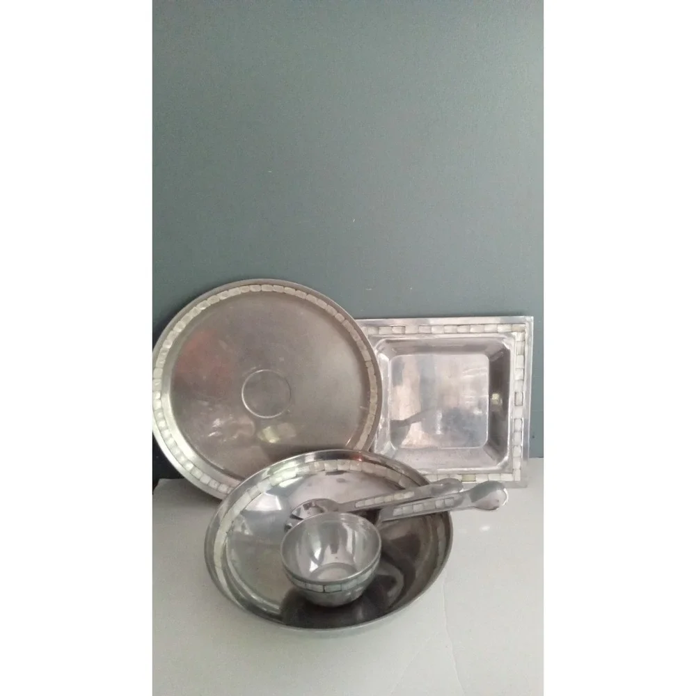 Towel Mother of Pearl Inlay Serving Set Bowl‎ Tray Spoon Vintage